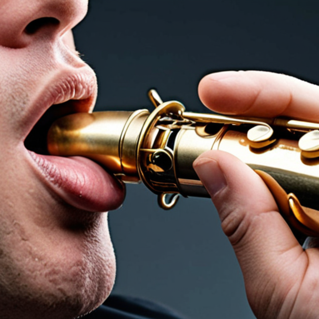 **

A close-up of a saxophone player's embouchure, focusing on the mouth and mouthpiece. The lips are firm but relaxed, demonstrating good pressure control. The overall tone should be focused on technique and instruction.

**