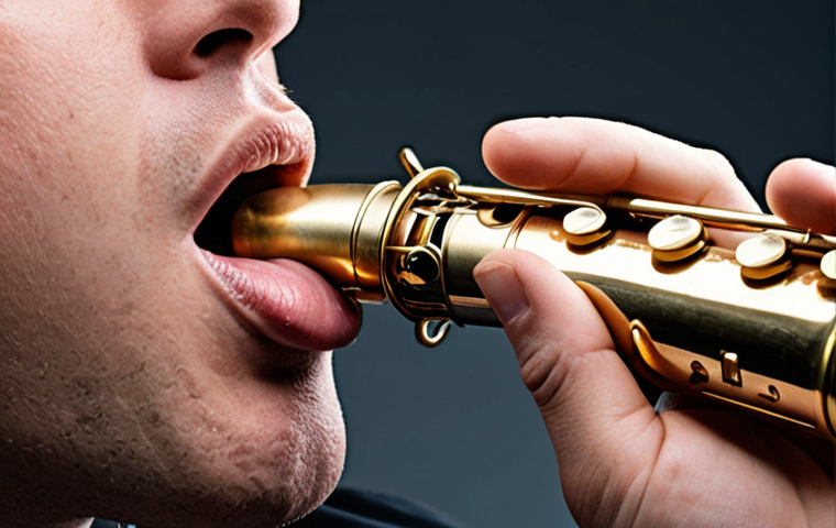 **
A close-up of a saxophone player's embouchure, focusing on the mouth and mouthpiece. The lips are firm but relaxed, demonstrating good pressure control. The overall tone should be focused on technique and instruction.
**
