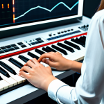 A professional female sound designer, fully clothed in modest business casual attire, seated at a sleek, modern workstation. Her hands are elegantly positioned over the controls of a sophisticated, futuristic hardware synthesizer. The studio environment is clean and minimalist, featuring professional studio monitors and soft, ambient lighting. Subtle, ethereal light patterns emanate from the synthesizer, symbolizing creative energy and the magic of sound design. Perfect anatomy, correct proportions, natural pose, well-formed hands, proper finger count, natural body proportions. Professional photography, high quality, sharp focus, vibrant colors. Safe for work, appropriate content, fully clothed, family-friendly.