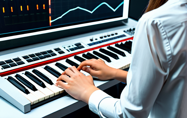 A professional female sound designer, fully clothed in modest business casual attire, seated at a sleek, modern workstation. Her hands are elegantly positioned over the controls of a sophisticated, futuristic hardware synthesizer. The studio environment is clean and minimalist, featuring professional studio monitors and soft, ambient lighting. Subtle, ethereal light patterns emanate from the synthesizer, symbolizing creative energy and the magic of sound design. Perfect anatomy, correct proportions, natural pose, well-formed hands, proper finger count, natural body proportions. Professional photography, high quality, sharp focus, vibrant colors. Safe for work, appropriate content, fully clothed, family-friendly.