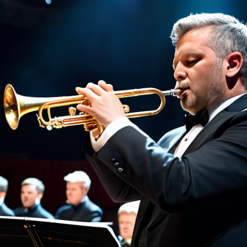 Home 23 **
A professional musician in concert attire, fully clothed, playing a trumpet solo with passion under stage lights in a grand concert hall. The orchestra is subtly visible in the background. Perfect anatomy, natural pose, well-formed hands, proper finger count, professional photography, appropriate content, safe for work, professional.
**