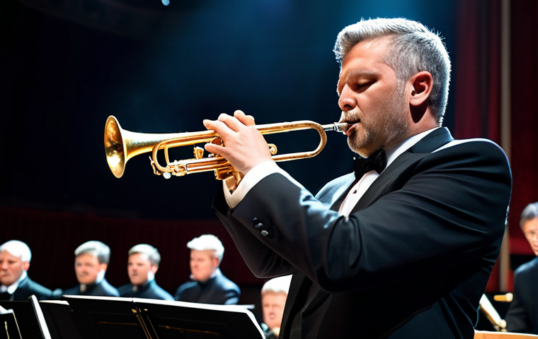 **
A professional musician in concert attire, fully clothed, playing a trumpet solo with passion under stage lights in a grand concert hall. The orchestra is subtly visible in the background. Perfect anatomy, natural pose, well-formed hands, proper finger count, professional photography, appropriate content, safe for work, professional.
**