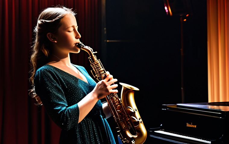 **
"A young woman playing an alto saxophone in a jazz club, fully clothed in a modest dress, stage lighting, warm colors, appropriate content, safe for work, professional musician, perfect anatomy, correct proportions, natural pose, well-formed hands, proper finger count, professional photography, high quality"
**