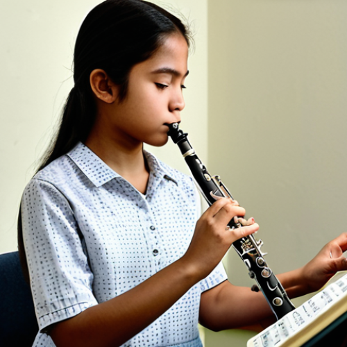 Home 9 Flute Practice Session**
"A student practicing flute in a music room. She is fully clothed in a modest dress, focusing intently on her music. The room is filled with sheet music and instruments. Safe for work, appropriate content, professional, perfect anatomy, correct proportions, natural pose, well-formed hands, proper finger count, natural body proportions, high quality."
**