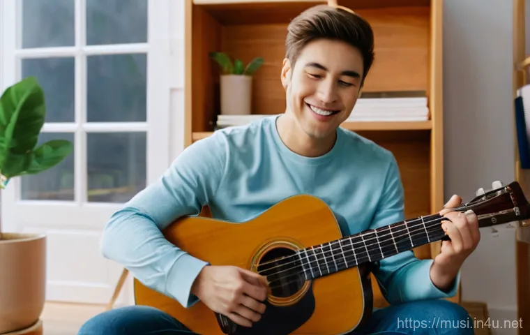 기타 연습 프로그램 - **Image Prompt 1: Smart Beginner Guitar Practice**
    A bright and cozy room bathed in warm, natura...