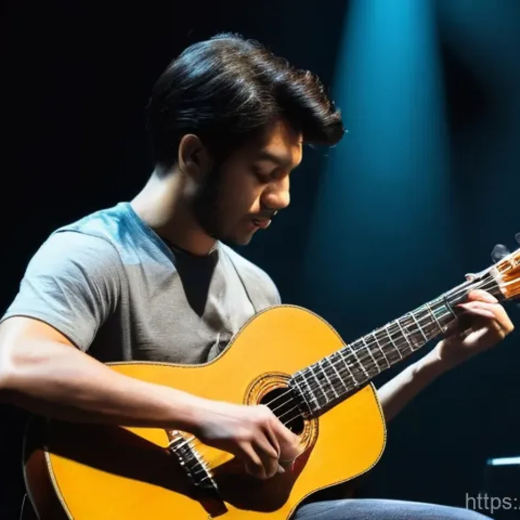 기타 핑거스타일 기법 - A male fingerstyle guitarist, in his late 20s, performing intensely on a dimly lit stage with a spot...