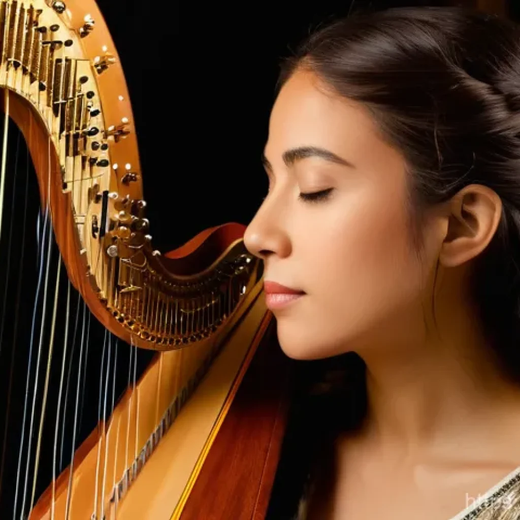 하프 조율 과정 - A focused female harpist, mid-20s, with a gentle expression, meticulously tuning a grand pedal harp....