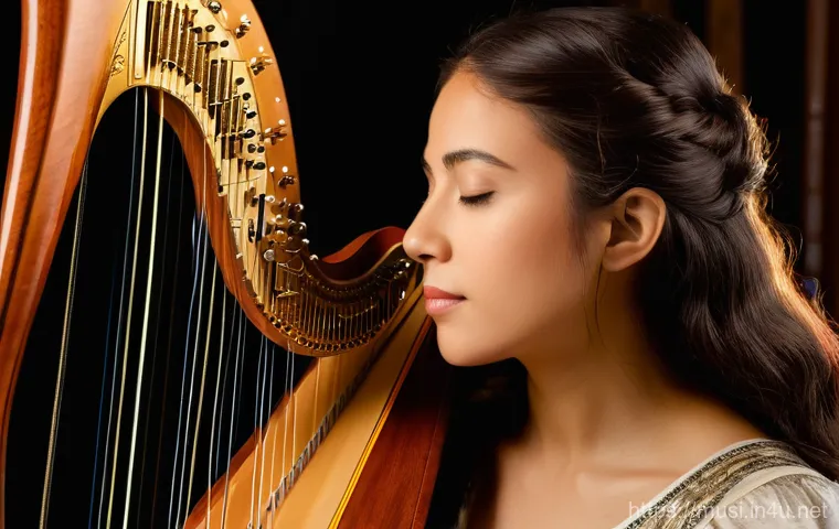 하프 조율 과정 - A focused female harpist, mid-20s, with a gentle expression, meticulously tuning a grand pedal harp....