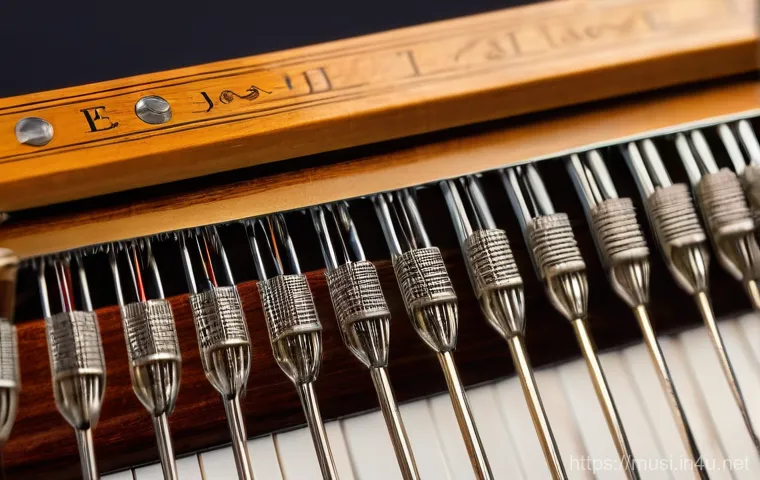 하프 조율 과정 - A focused female harpist, mid-20s, with a gentle expression, meticulously tuning a grand pedal harp....