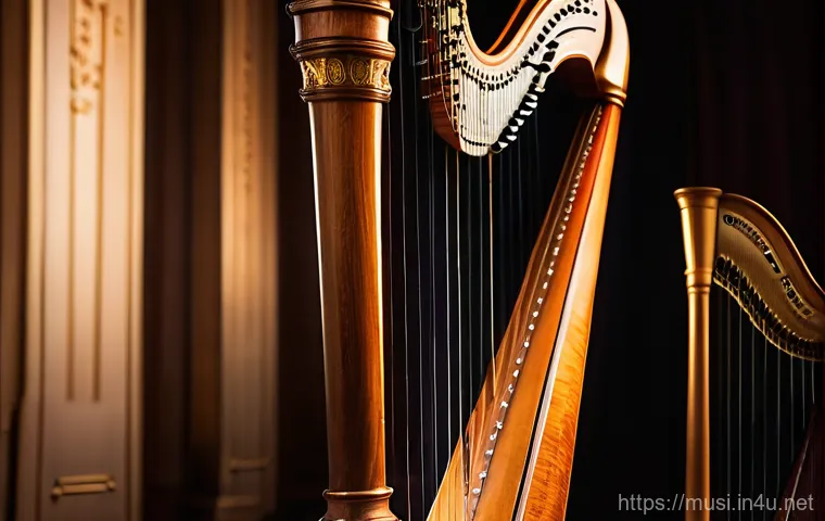 하프 조율 과정 - A close-up, artistic shot of a lever harp's tuning pins and a selection of its strings. A sturdy tun...