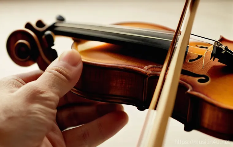 바이올린 현 교체법 - **Prompt 1: Focused Violin E-String Replacement**
    "A close-up, highly detailed shot of a person'...