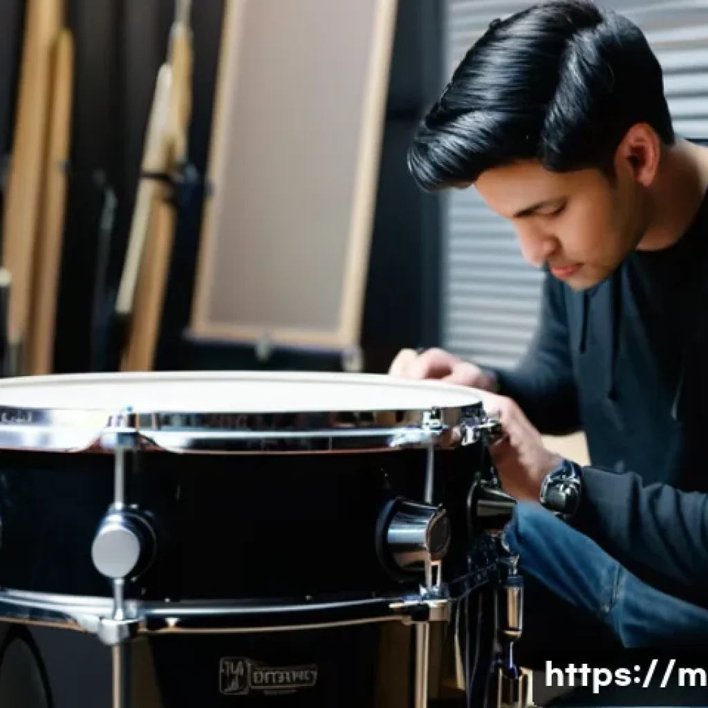 드럼 세트 조립 방법 - A focused male drummer, mid-20s, with short, neat hair, is carefully assembling a bass drum in a wel...