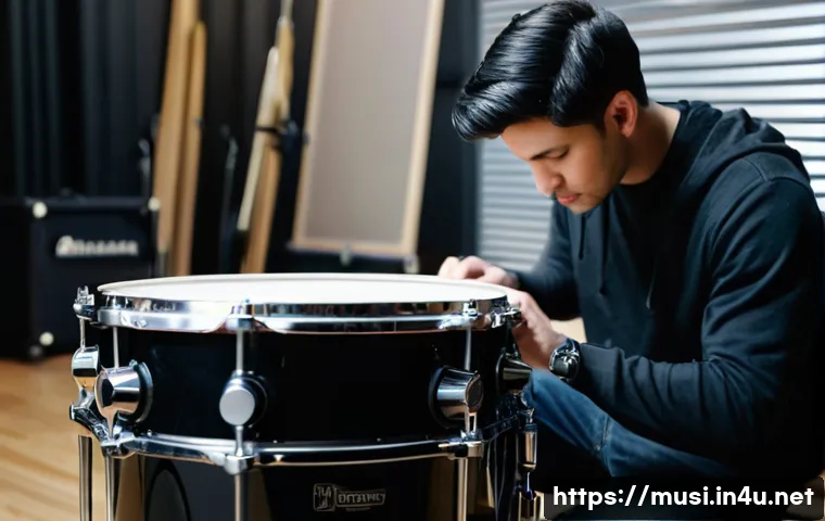 드럼 세트 조립 방법 - A focused male drummer, mid-20s, with short, neat hair, is carefully assembling a bass drum in a wel...