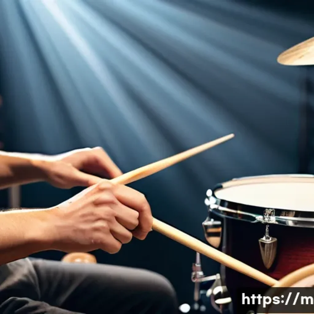 드럼 리듬 기초 배우기 - A detailed close-up image of a drummer’s hands demonstrating proper drumstick grip and wrist movemen...