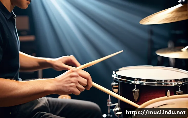 드럼 리듬 기초 배우기 - A detailed close-up image of a drummer’s hands demonstrating proper drumstick grip and wrist movemen...