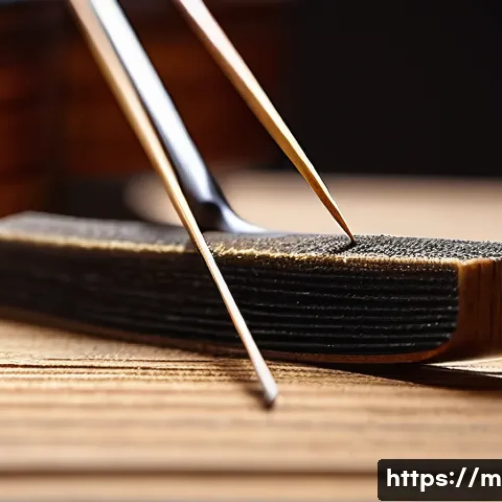 바이올린 활 관리 방법 - A close-up image of a violin bow focusing on the horsehair strands being gently cleaned with a soft ...
