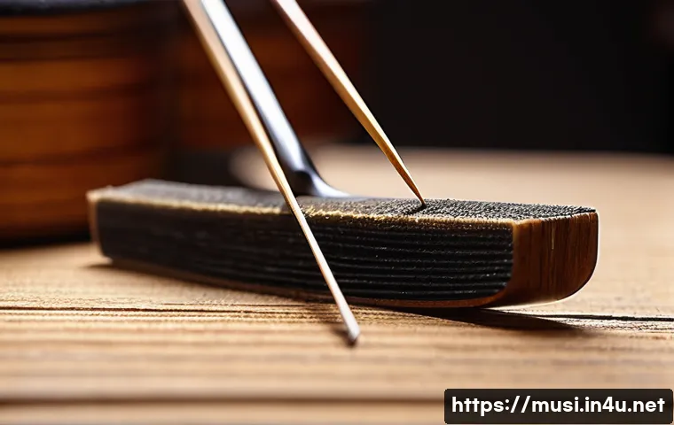 바이올린 활 관리 방법 - A close-up image of a violin bow focusing on the horsehair strands being gently cleaned with a soft ...