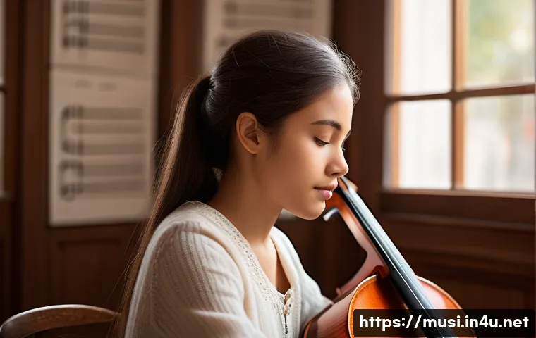 첼로와 음악 이론 학습 - A young cellist practicing in a cozy, well-lit music room surrounded by sheet music and a metronome,...