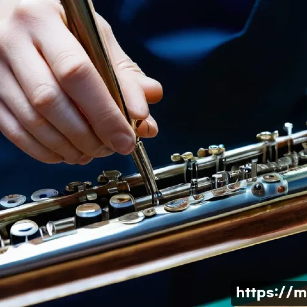 플룻 리페어 서비스 - A close-up, highly detailed image of a professional flute repair workshop, showing a skilled technic...