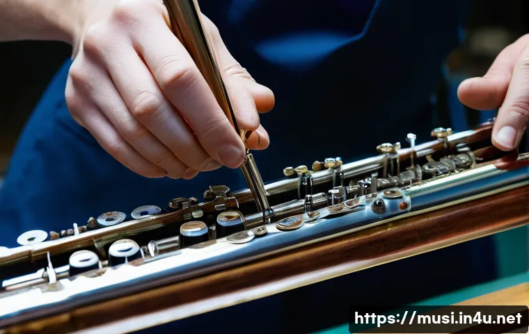 플룻 리페어 서비스 - A close-up, highly detailed image of a professional flute repair workshop, showing a skilled technic...