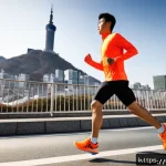 하프 관련 행사 - A detailed scene of a runner in mid-training for a half marathon: wearing well-fitted, cushioned run...