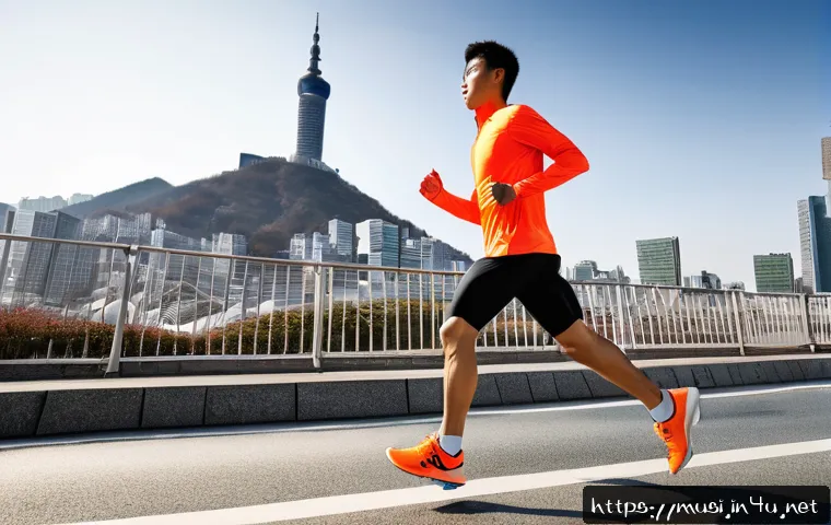하프 관련 행사 - A detailed scene of a runner in mid-training for a half marathon: wearing well-fitted, cushioned run...