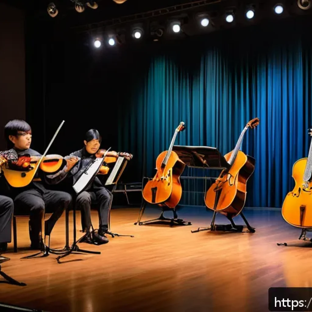 기타 오케스트라에서의 역할 - A classical orchestra setting featuring a warm-toned acoustic guitar prominently in the center, surr...