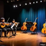기타 오케스트라에서의 역할 - A classical orchestra setting featuring a warm-toned acoustic guitar prominently in the center, surr...