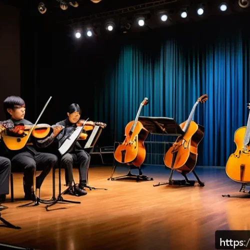 기타 오케스트라에서의 역할 - A classical orchestra setting featuring a warm-toned acoustic guitar prominently in the center, surr...