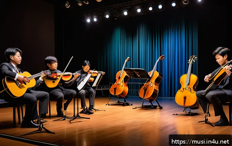 기타 오케스트라에서의 역할 - A classical orchestra setting featuring a warm-toned acoustic guitar prominently in the center, surr...