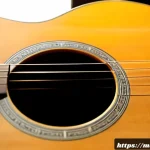 Home 23 기타 소리 증폭 원리 - Photorealistic close-up of an acoustic guitar being played in a warm sunlit studio, detailed vibrati...