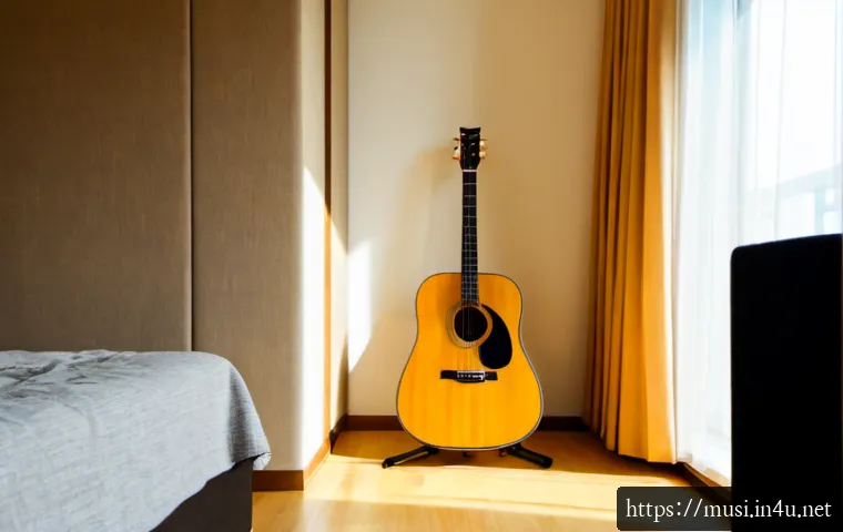 Home 31 기타 연습 장소 추천 - Photorealistic cozy home guitar practice corner, acoustic guitar on a stand beside a simple stool, s...