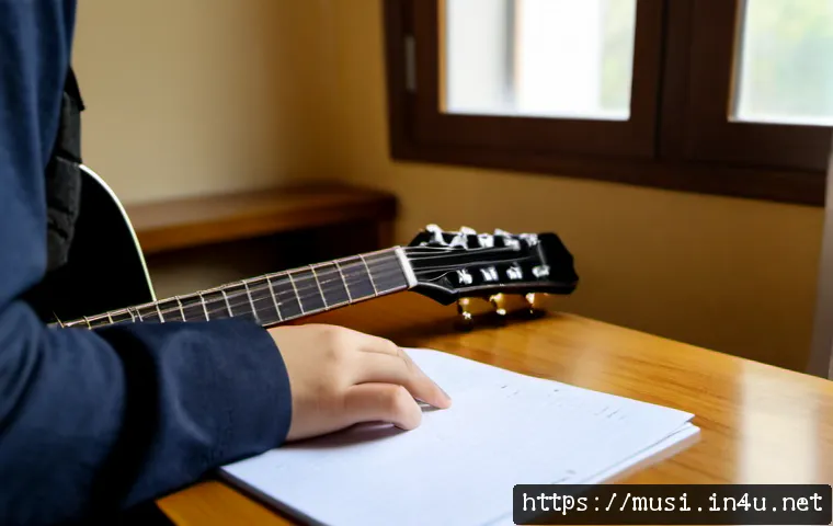 Home 30 기타를 활용한 작곡 팁 - Photorealistic close-up of a musician composing with an acoustic guitar at a warm wooden desk, left ...