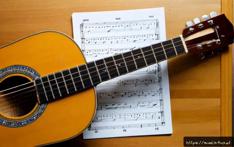 Home 17 기타 악보 작성법 - Photorealistic overhead view of an acoustic guitar beside blank music manuscript paper with clear st...