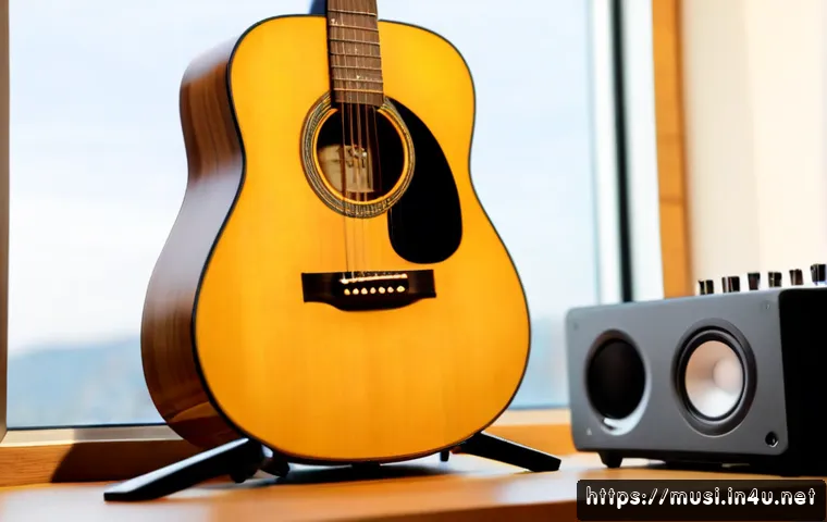 Home 17 기타와 음성 인식 기술 - Photorealistic close-up of an acoustic guitar resting beside a modern voice-controlled smart speaker...