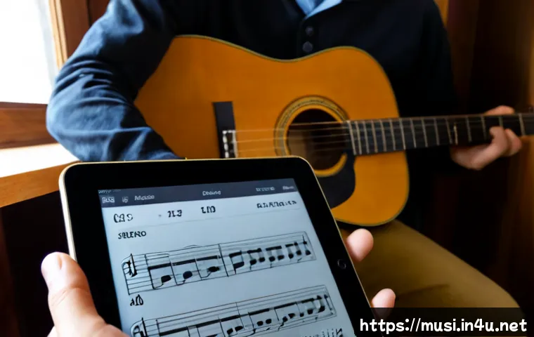 Home 31 기타 악보 전자화 앱 - Photorealistic close-up of an acoustic guitar resting beside a tablet displaying a clean digital she...