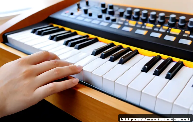 Home 30 신디사이저 초보자 입문 - Photorealistic close-up of a beginner learning on a compact synthesizer keyboard at a clean wooden d...