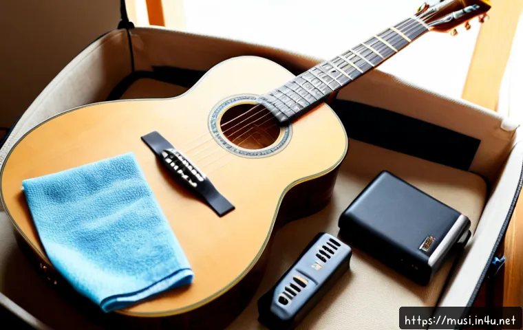 Home 17 기타 악세사리 추천 - Photorealistic close-up of a stylish acoustic guitar resting on a warm wooden table, carefully arran...