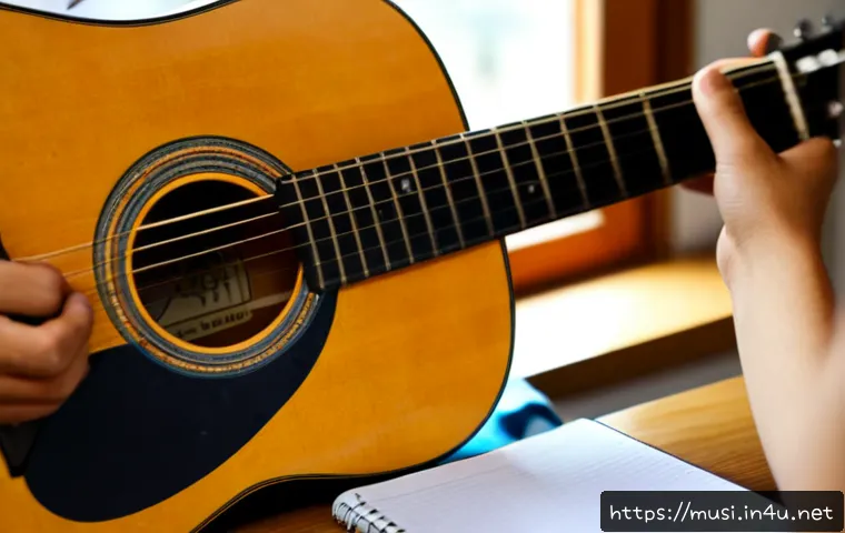 기타로 배우는 음악 이론 - Photorealistic close-up of an adult beginner seated at a tidy wooden desk, hands holding an acoustic...
