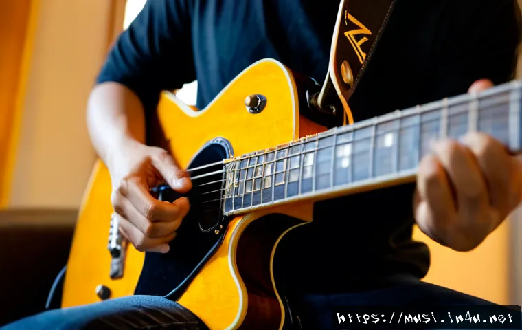 기타 솔로 연주 곡 추천 - Photorealistic close-up of an adult guitarist performing an expressive solo on a classic electric gu...
