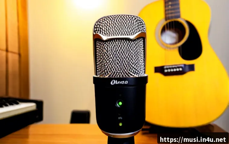 기타 녹음 팁 - Photorealistic close-up of an acoustic guitar being recorded in a quiet home studio, a small condens...