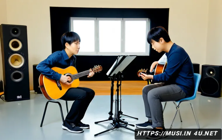 기타 합주 시 고려 사항 - Photorealistic rehearsal room scene with a small guitar ensemble: three adult guitarists seated in a...