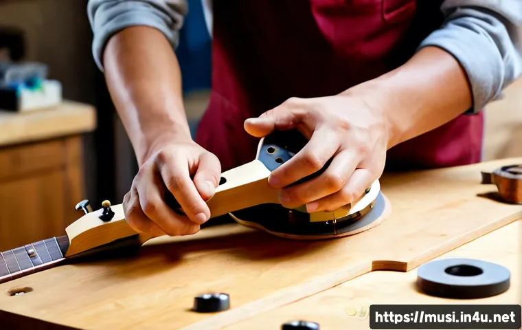Home 17 기타 커스텀 제작 - Photorealistic custom electric guitar workshop, skilled craftsperson shaping an unfinished guitar bo...